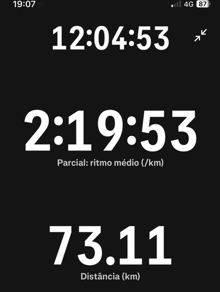 Print do Strava: tempo total 12:04:53, ritmo médio parcial 2:19:53 e distância registrada de 73,11 km